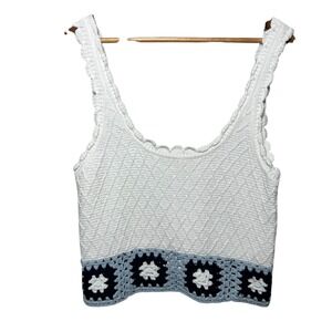 Splendid Collection Crochet Tank Top Small White Blue Granny‎ Square Knit